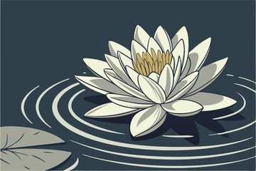 White Water Lily in Full Bloom Minimalist Botanical Illustration on Dark Blue with Water Ripples Digital Art