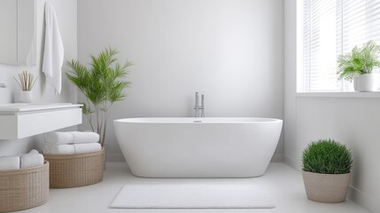 A modern white bathtub in a minimalist bathroom with green plants, large window with natural light, wicker baskets with towels, and serene and clean interior design.