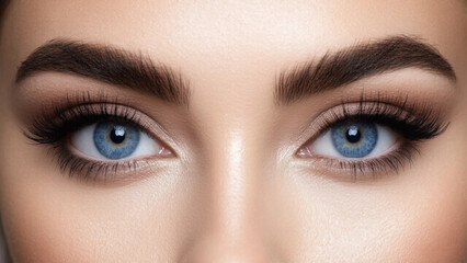Fototapeta premium Close-up of striking blue eyes with long lashes and sculpted brows, highlighting ocular beauty.