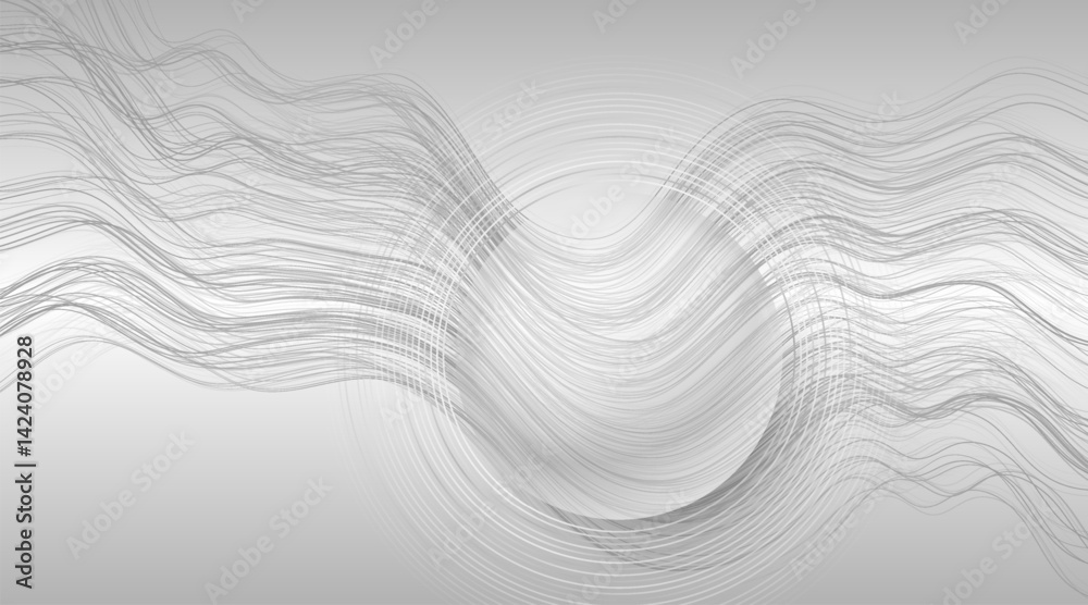 Fototapete grey curved wavy lines and glossy 3d circle abstract minimal background. grey and white concept vect