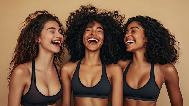 Three women with curly hair stand together, wearing matching dark sports bras and shorts, smiling and laughing in front of a neutral beige background.