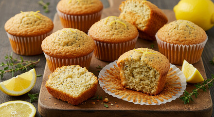 Freshly Baked Lemon Poppy Seed Muffins on a Wooden Board, Closeup
