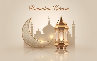 Serene and Elegant Ramadan-Themed Design Featuring an Intricately Designed Lantern Crescent Moon with Geometric Patterns a Subtle Mosque Silhouette and Ramadan Kareem Text on a Muted Beige Background