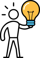 cartoon man in suit with light bulb above his head, symbolizing ideas and inspiration. He has confident expression and is pointing upwards