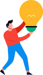 cartoon man in suit with light bulb above his head, symbolizing ideas and inspiration. He has confident expression and is pointing upwards