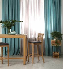 Stylish wooden table and chairs near window with elegant curtains in room