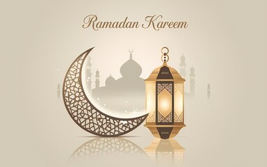 Serene and Elegant Ramadan-Themed Design Featuring an Intricately Designed Lantern Crescent Moon with Geometric Patterns a Subtle Mosque Silhouette and Ramadan Kareem Text on a Muted Beige Background