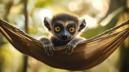 Obraz premium Baby lemur resting in a hammock in a jungle