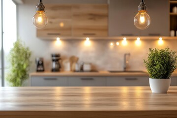 Empty wooden tabletop with blurred modern kitchen in the background, perfect for product placement