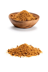 Brown sugar in wooden bowl isolated on white background.