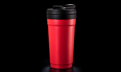 Red travel mug on a black background, showcasing its sleek design and modern features
