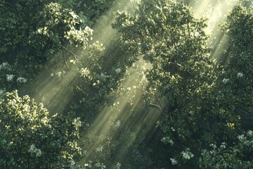 Obraz premium Sunlight Streaming Through Lush Green Forest Canopy with Mist