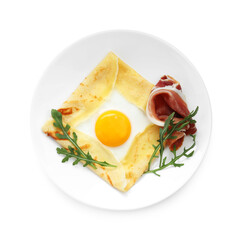 Delicious crepe bretonne with bacon and arugula isolated on white, top view