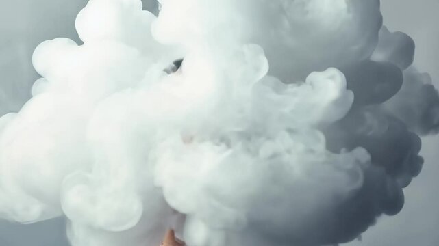Surreal representation of a woman gradually being enveloped by an expanding cloud of white smoke, symbolizing suffocation, anxiety, or hidden emotions against a uniform gray backdrop