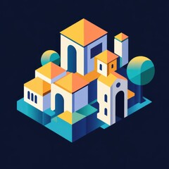 Isometric colorful low-rise buildings in clustered architectural layout.