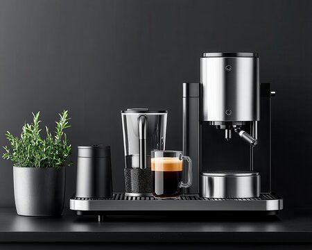Compact stainless steel coffee station with modular brewing units, smart automation, and a refined minimalist layout