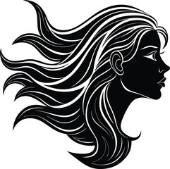 Vector art presents a woman's silhouette with long, flowing hair, a design that embodies beauty and a touch of tribal inspiration in its artistic lines