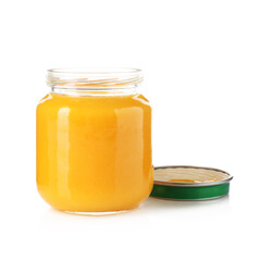 Baby food. Tasty puree in glass jar isolated on white