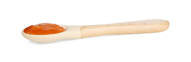 Baby food. Spoon with tasty puree on white background