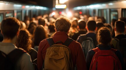A gathering of passengers at a subway station emphasizes the sense of community and anticipation as they await their train, embodying urban life's rhythm and energy.