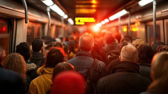 Immersed in a warm glow, a crowded subway train captures the essence of evening commutes, highlighting the blend of human presence in an urban setting filled with movement.
