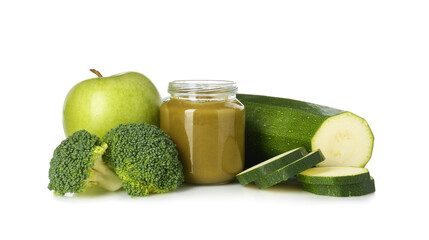 Baby food. Tasty puree in jar and ingredients on white background