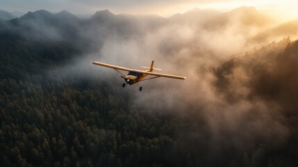 Fototapeta na wymiar A small airplane navigates through lush green mountains, emerging from the mist, creating a sense of adventure and the beauty of nature's untouched landscapes.