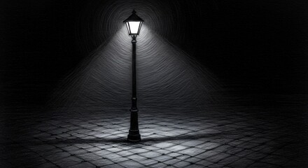 Solitary lamp post in foggy night atmospheric monochrome image