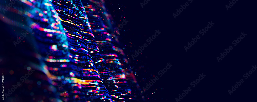 Poster Abstract Big data digital stream waves. Information flow concept. LLM learning process, AI technology. Quantum computing. 