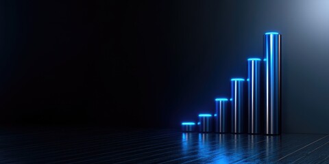 set of glowing blue 3D histograms rising from left to right on dark background with space for copying.Embody growth and progress.Use in business reports,financial blogs and data visualisation websites