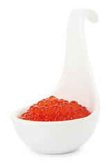 Delicious red caviar in bowl isolated on white