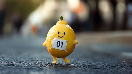 An orange fruit dressed in a marathon bib, symbolizing fun and creativity in sports events.