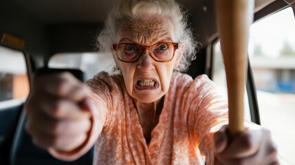 This dramatic image captures an elderly woman, filled with anger, tightly gripping a baseball bat while sitting in a car, reflecting intense emotions of frustration and unexpected power.