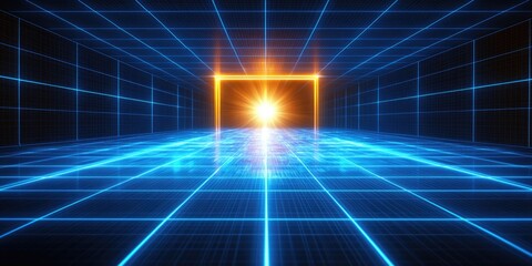 Obraz premium Bright abstract futuristic scene with converging neon light paths,speed and movement through digital tunnel or cyberspace for technology blogs,gaming websites and abstract design themes.