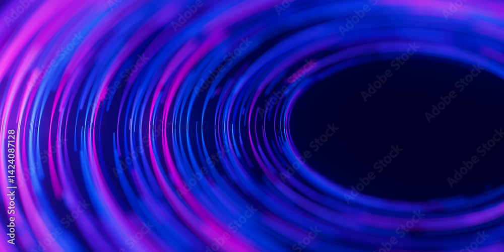 Poster Closeup of circular data light speed flow. Abstract round digital data stream of quantum computing. Cyberspace of qubit trail waves with DOF. Modern tech information transmission.