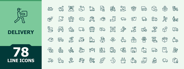 Delivery line icon set. Parcel icon set. Thin web icons. Contains such symbols as transport, deliver, distribution, logistic, parcel and more. Editable stroke. Vector illustration.