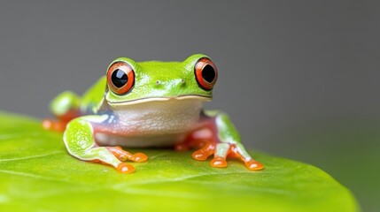Tiny vibrant green frog with striking red eyes perched on a leaf