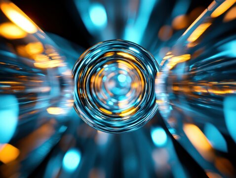 Abstract Rippled blue sphere with blurry orange light