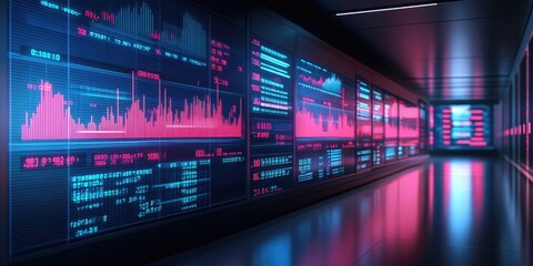 futuristic data analysis room with several large screens with graphs and data visualisation for technology blogs,financial websites and big data concepts.