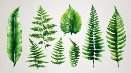 Watercolor Green Tropical Fern Leaves Botanical Illustration Nature Plants Greenery Foliage Design Element Hand Painted Artistic Fresh Vibrant Lush Detailed Exotic Spring Summer Decoration set leaf   