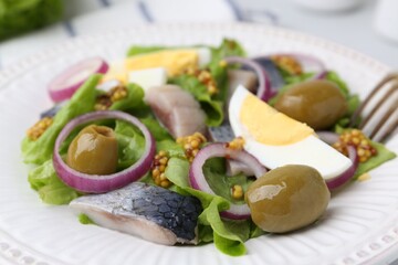 Delicious salad with herring, egg, mustard and vegetables on plate, closeup