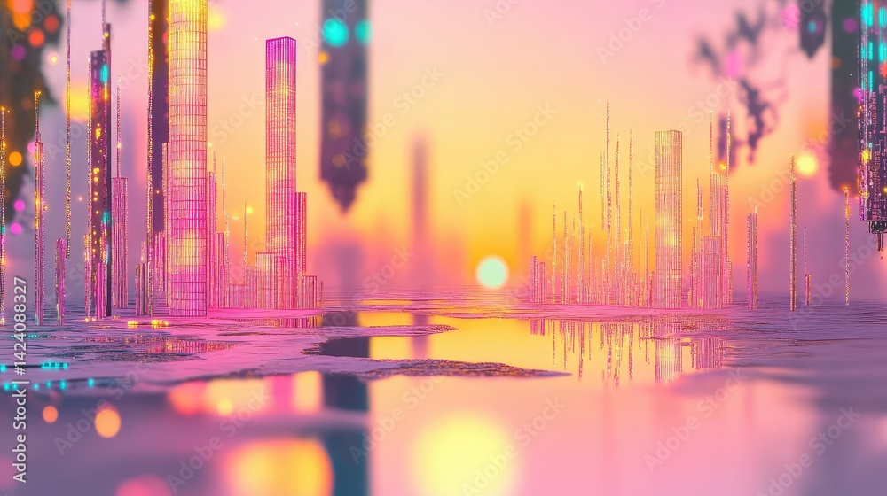 Poster abstract 3d pathway with binary high-rise structures, tech city and ai visualization