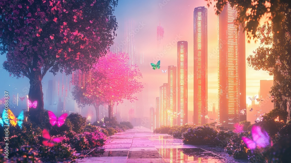 Poster abstract 3d pathway with binary high-rise structures, tech city and ai visualization