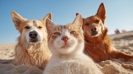 A charming cat and two dogs joyfully pose for a photo on a sunny beach, capturing their unique personalities and the delight of friendship and playfulness.