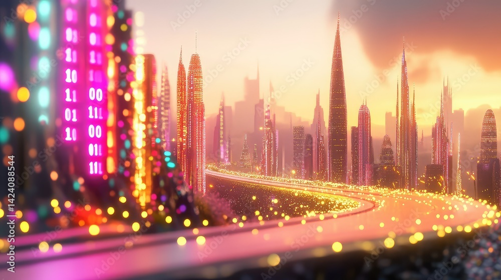 Poster abstract city built of glowing binary digits with a highway slicing through, digital tech realm