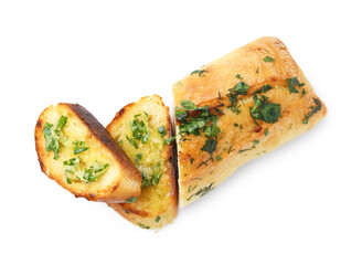 Tasty bread with garlic, herbs and oil isolated on white, top view