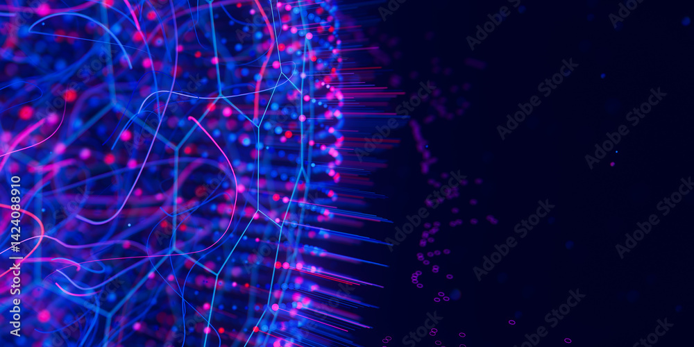 Poster Abstract closeup macro of quantum computing qubit spherical cell. Subatomic patterns of cyber AI intelligence. Futuristic technology concept. With place for text.