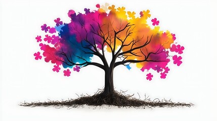 Obraz premium Vibrant Watercolor Tree of Life with Colorful Blossoms and Deep Roots Artistic Nature Illustration