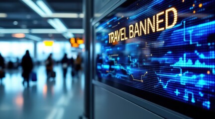 A digital display shows "TRAVEL BANNED" in an airport, with blurred travelers in the background, indicating restrictions on travel.