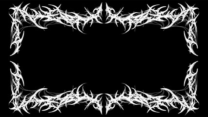 Cyber gothic Tribal frame design with sharp, symmetrical white thorns on black background, perfect for dark art and gothic projects